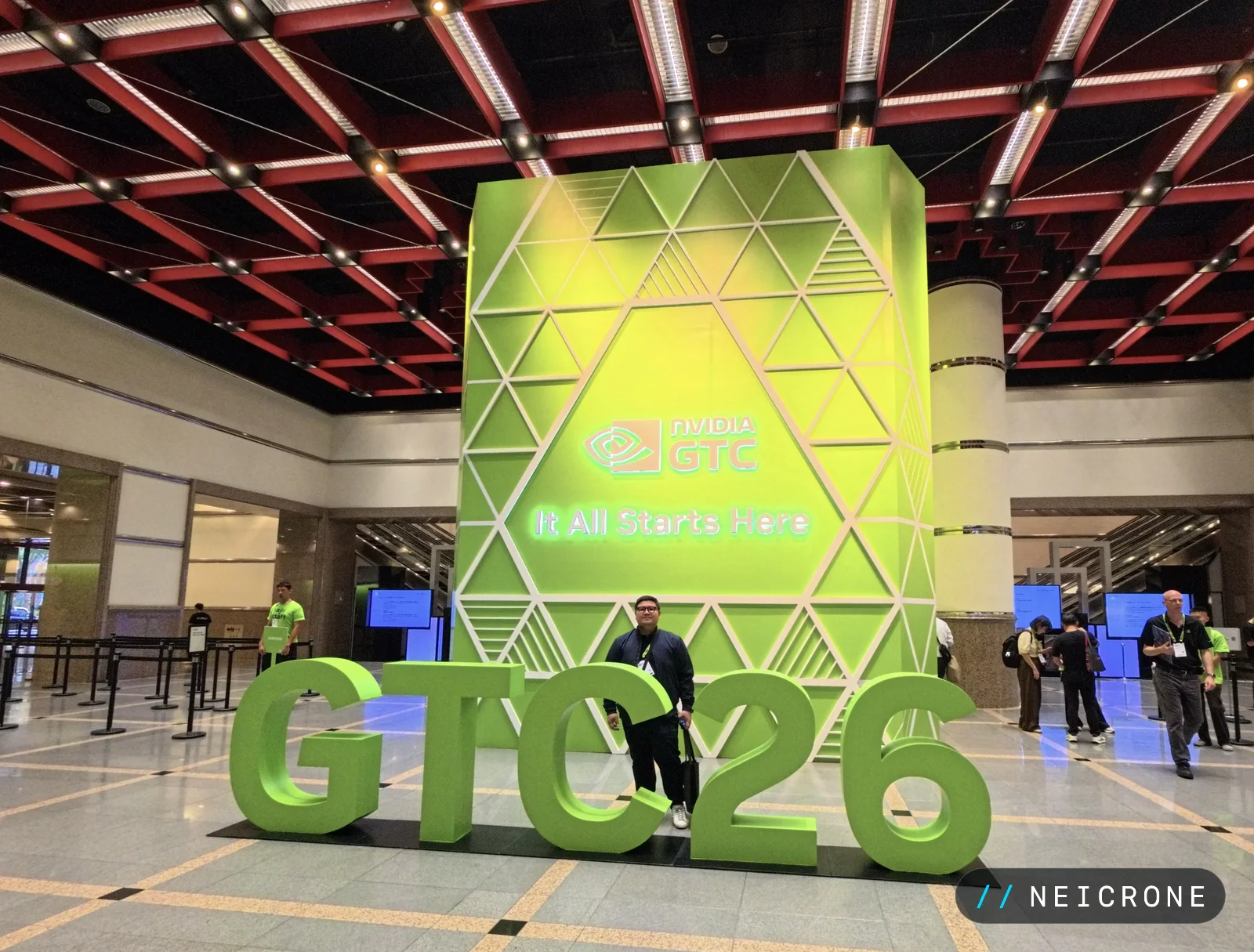 The GTC26 installation, "It All Starts Here", in the main hall at NVIDIA GTC 2026 Taipei