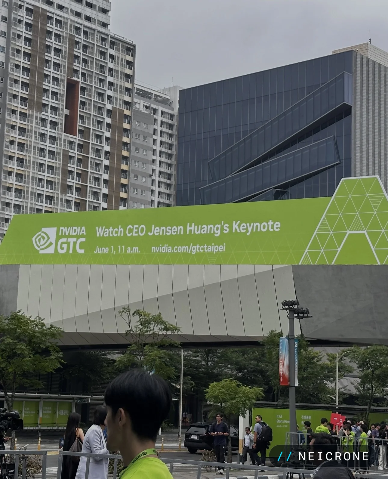 Banner reading "Watch CEO Jensen Huang's Keynote, June 1" outside the GTC Taipei venue