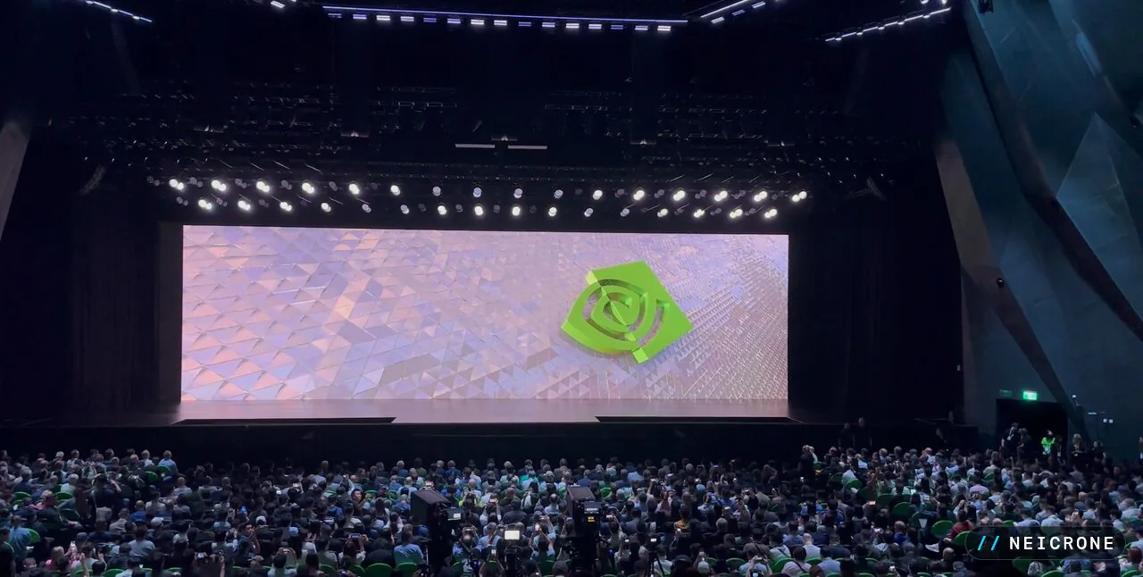 The NVIDIA GTC 2026 keynote stage with the NVIDIA logo on screen in front of a full hall