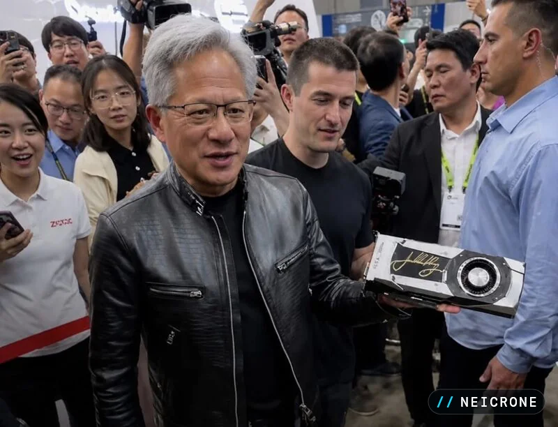 Jensen Huang holding a signed graphics card on the show floor