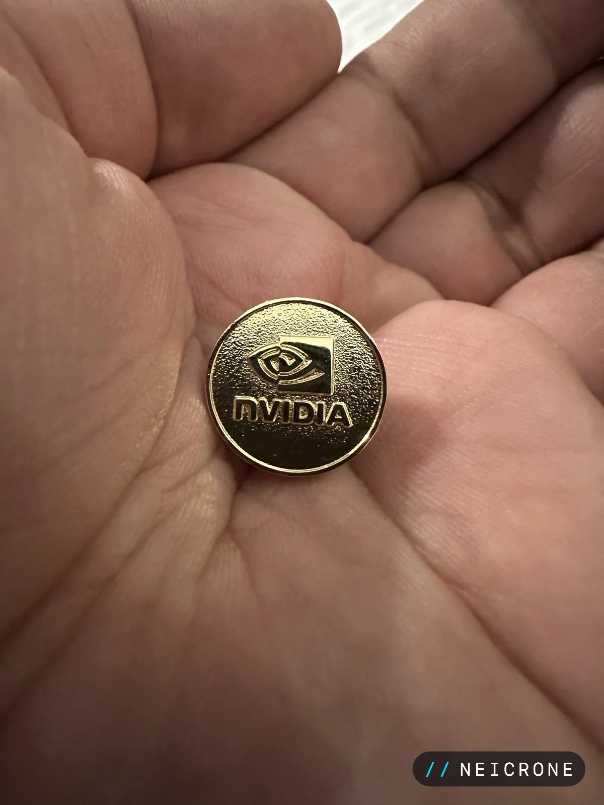 An NVIDIA coin held in an open palm