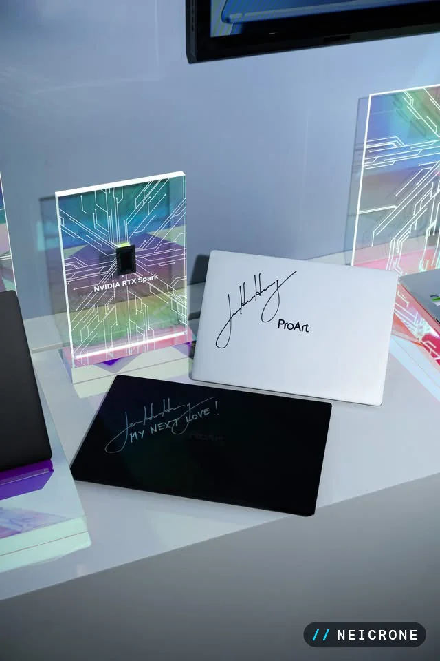 NVIDIA RTX Spark display beside signed ASUS ProArt laptops