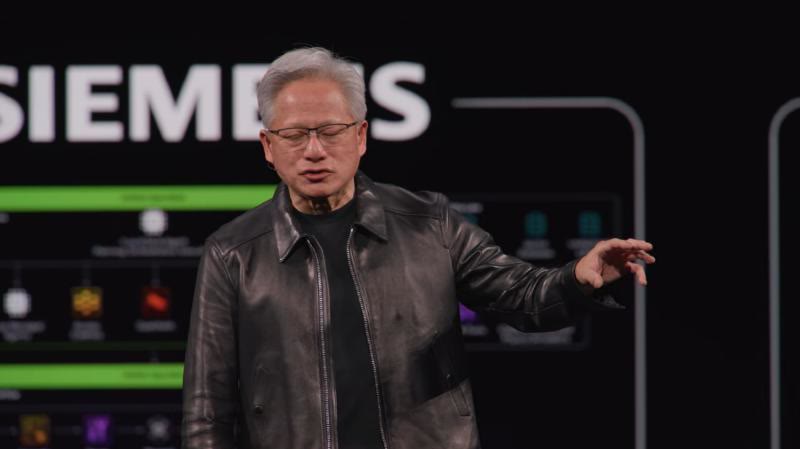 Jensen Huang presenting in front of a Siemens slide during the keynote