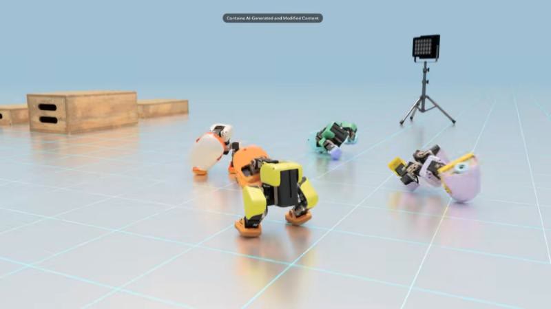Rendered Microduck robots training on a simulated course in Isaac Sim
