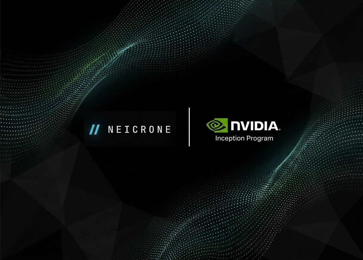 The Neicrone wordmark beside the NVIDIA Inception Program logo, framed by waves of green and cyan dots on a dark background