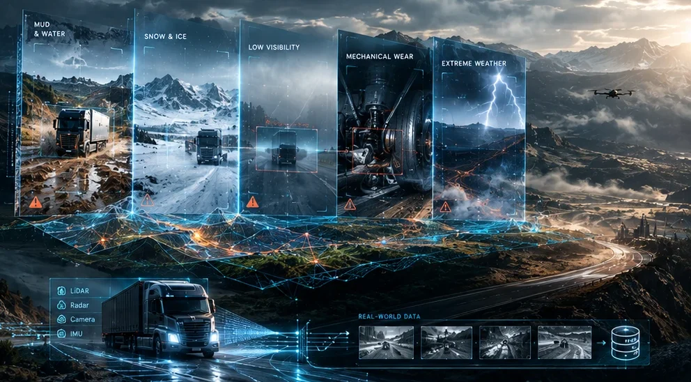 Edge conditions a simulator does not model: mud and water, snow and ice, low visibility, mechanical wear, extreme weather