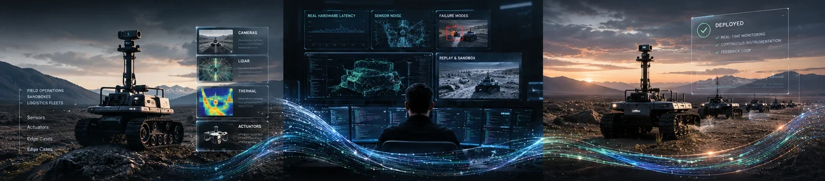 Capture, validate and deploy: a field unit with sensor feeds, an operator at safety-gate screens, and a deployed fleet, joined by one evidence stream